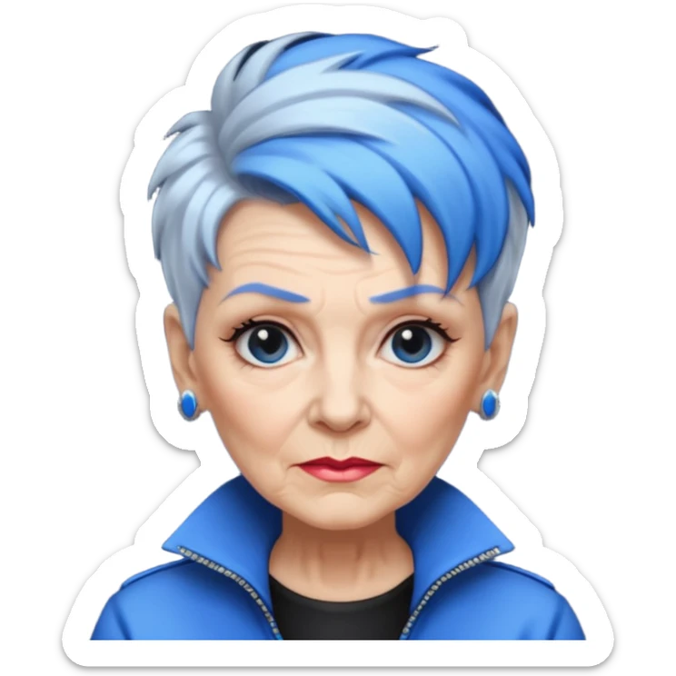 reife frau, achtzigJahre alt kein kind! freche extreme schwarze Kurzhaarfrisur eine Seite wirklich fast keine Haare andere Seite mit blauer Strähne kurze Seite noch viel kürzer sticker