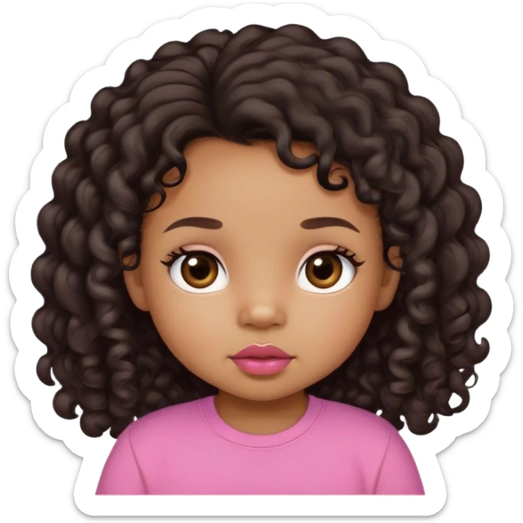 light brown skin tone, very adorable toddler, with big plump lips, long long lashes, black curly long hair, brown eyes, pink shirt sticker