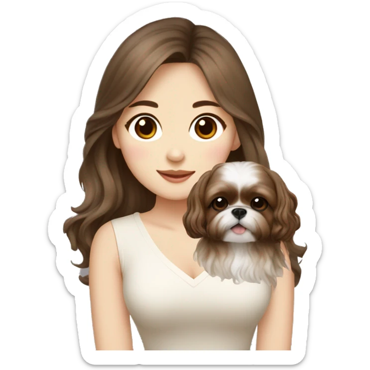 long brown wavy hair korean girl with cream and brown colored shih tzu sticker