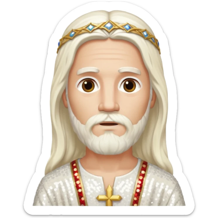 Jesus, Son of God from Gods and Goddesses with long white hair and beard, ivory sequin outfit sticker