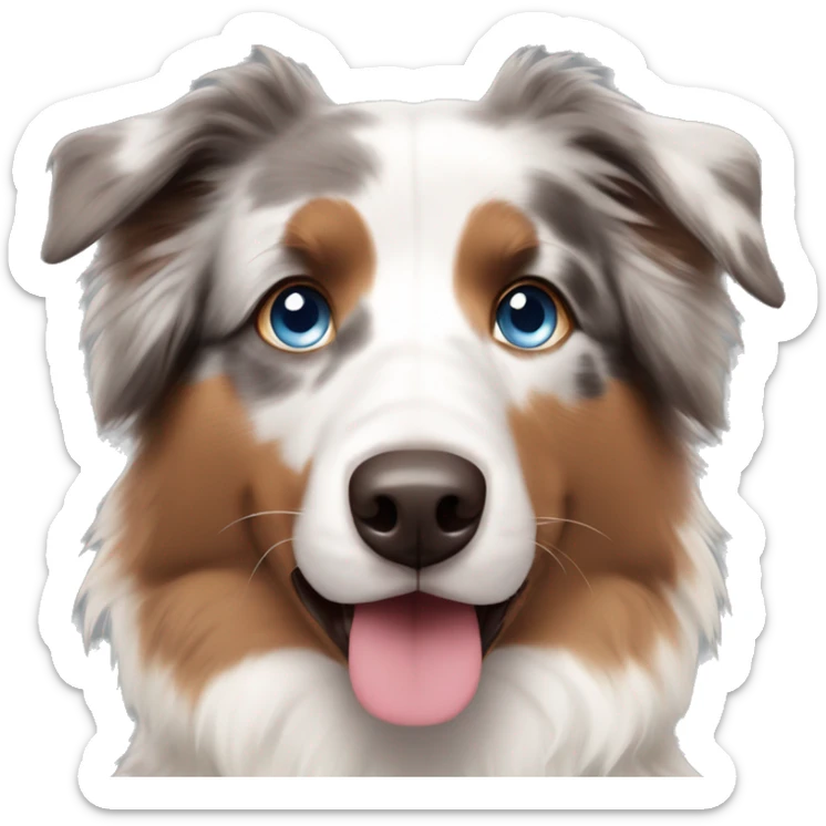 australian shepherd dog with blue eyes, a pink and brown nose, and a white and brown colored fur sticker