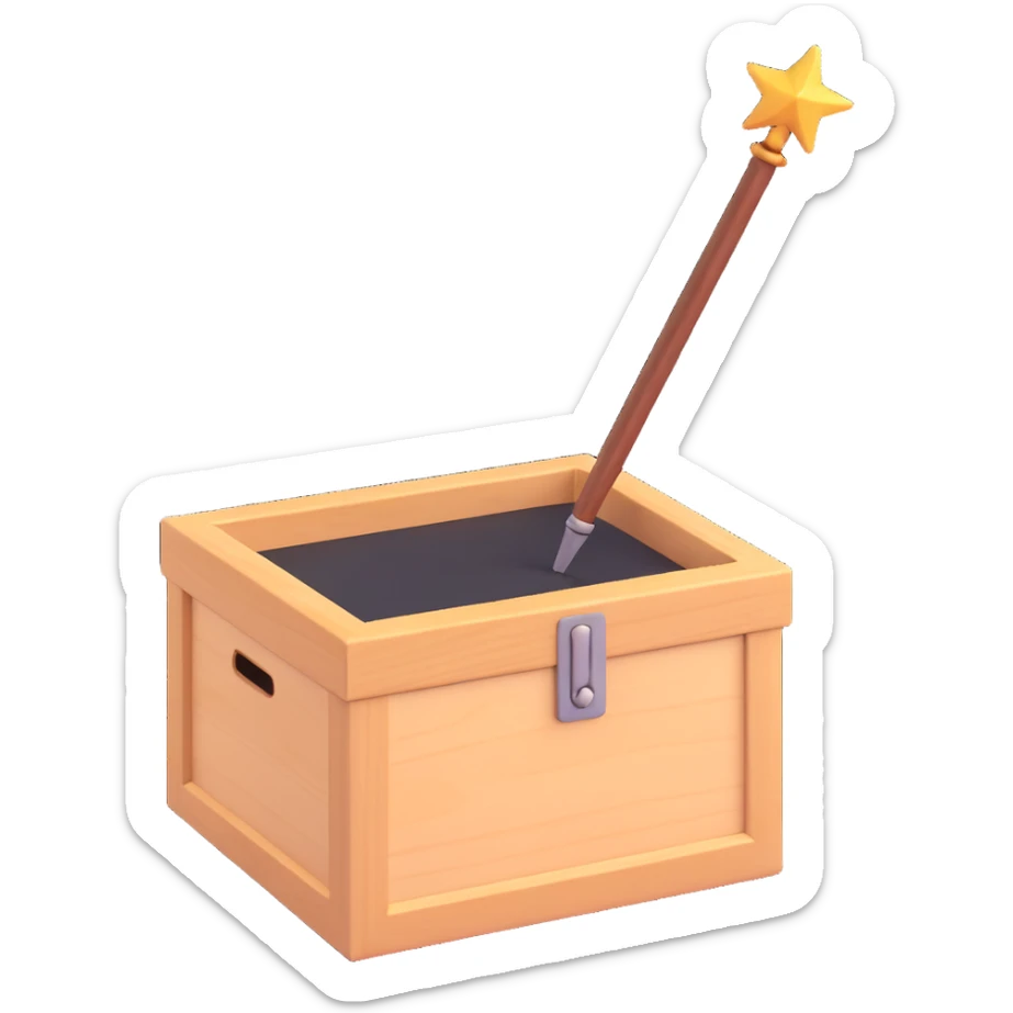 a 3D emoji style icon of a wooden box with a magic wand on top sticker