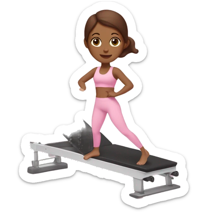 White skin girl with brown hair and brown eyes doing Pilates in a pink workout set on a Pilates machine  sticker