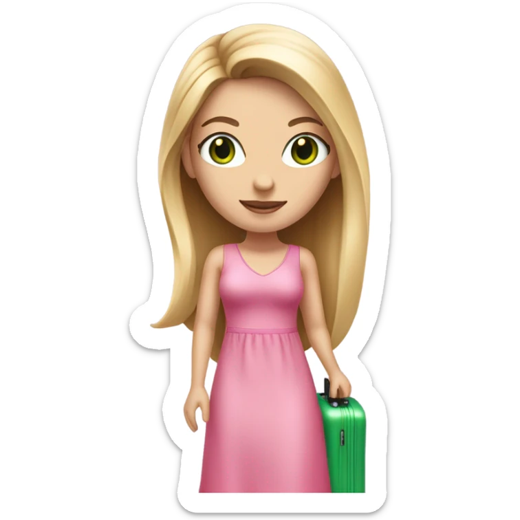 Realistic White girl with Long straight blonde hair and green eyes, tattoos, full body wearing pink dress, holding pink luggage sticker