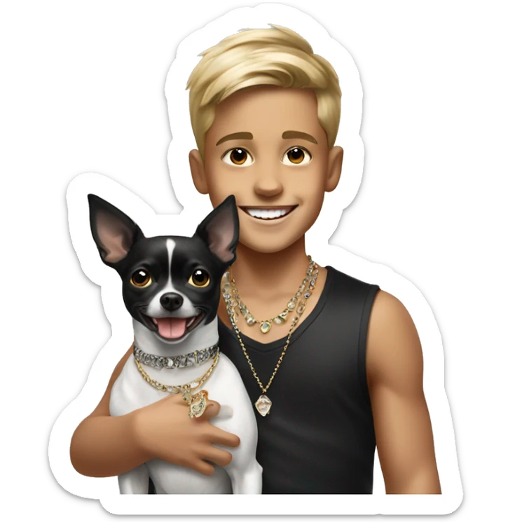 smiling boy with jewelry indoors and black & white chihuahua dog sticker
