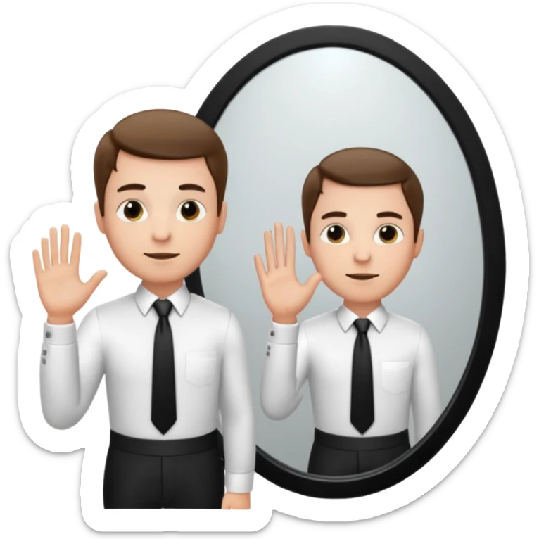 A man wearing a white dress shirt and black tie looking into a mirror holding up his hand. We should be seeing the back of the man and his reflection in the mirror. sticker