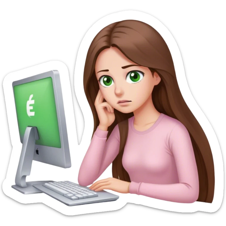 pretty woman with very long brown hair and green eyes and light pink outfit tired working on a computer sticker