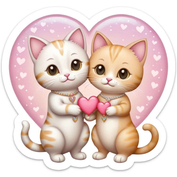 A cute cartoon-style emoji of a cat and a kitten in elegant wedding attire, standing side by side, holding paws, with tiny wedding rings and a small heart floating above them, surrounded by soft sparkles and a romantic pastel background. sticker