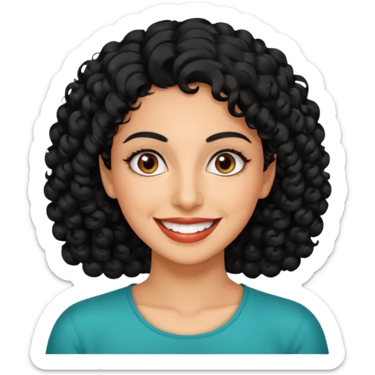 30 year old iranian woman very short curly black hair, big brown eyes, tanned skin, big smile, white teeth, pretty sticker