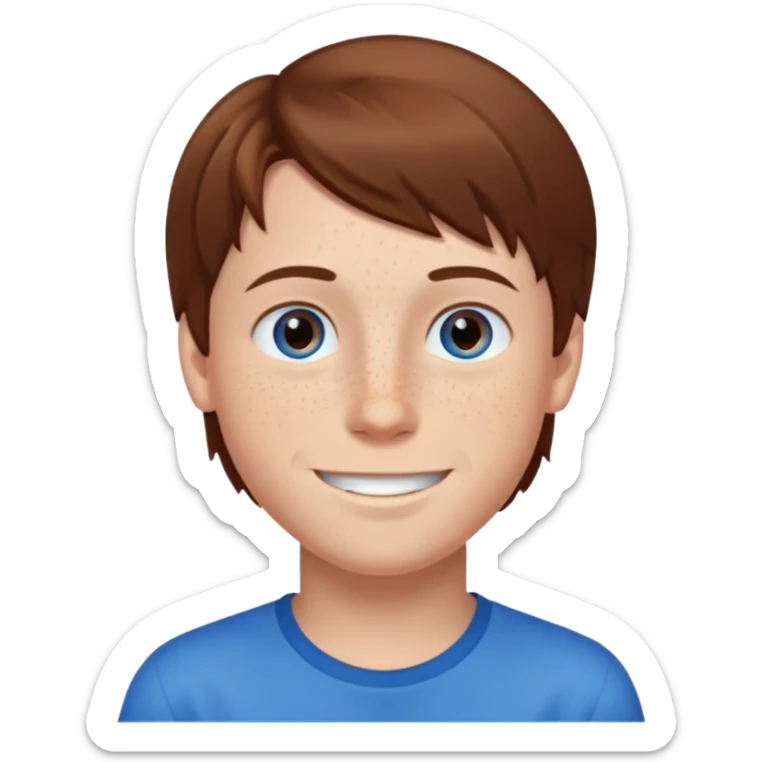Boy standing with brown straight hair blue eyes and freckles sticker