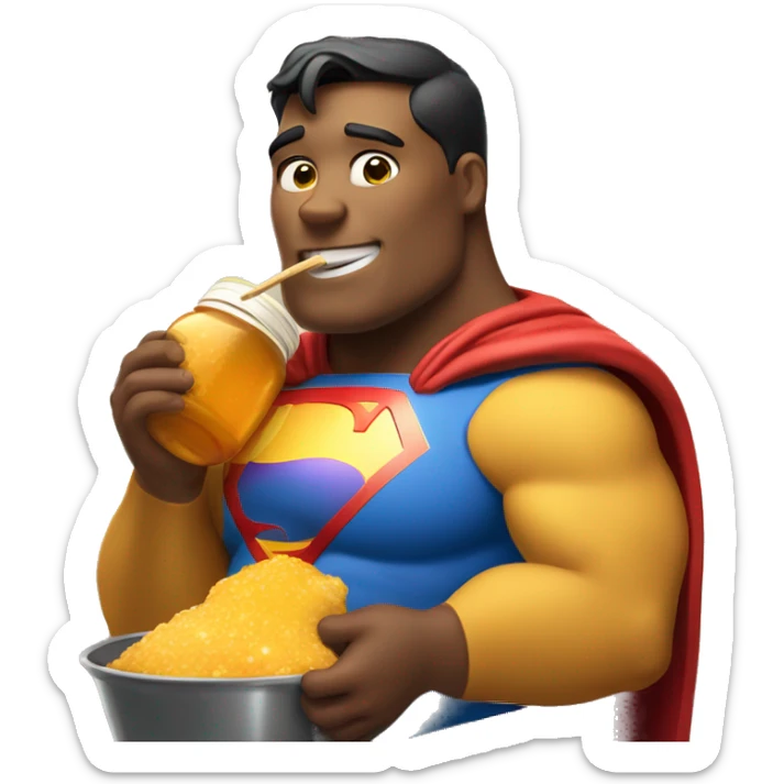 overweight Superman eating a pot of honey as if he was Winnie the Pooh sticker