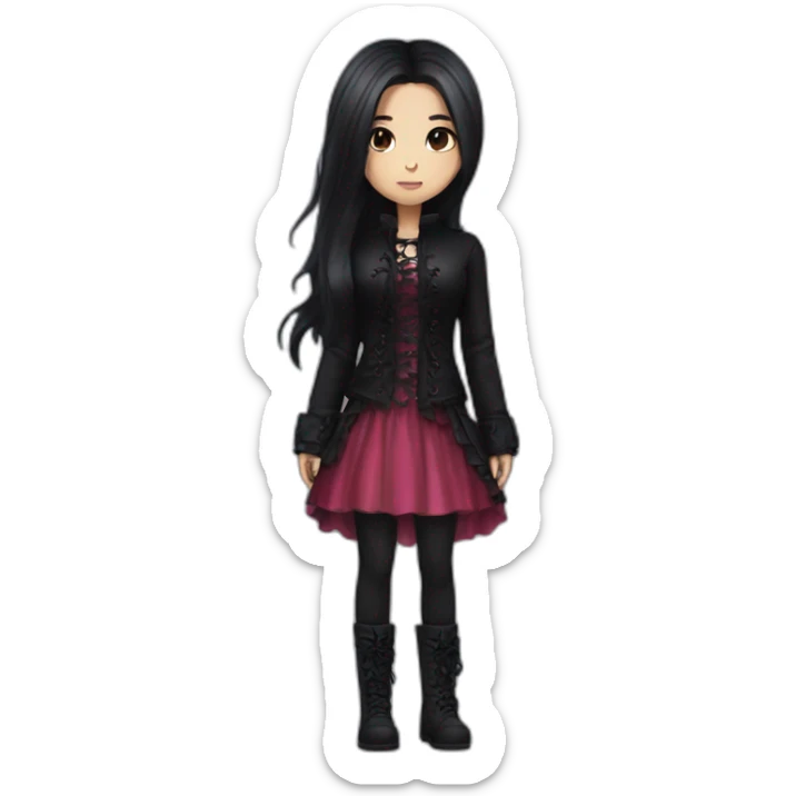 Pink and black gothic clothes, light Brown skin girl, full body, long hair, red and black hair sticker