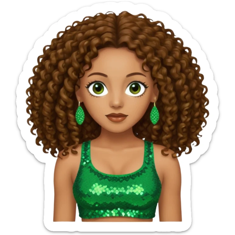 Melanie Brown with long brown curly hair, green sequin crop top, dark brown eye sticker