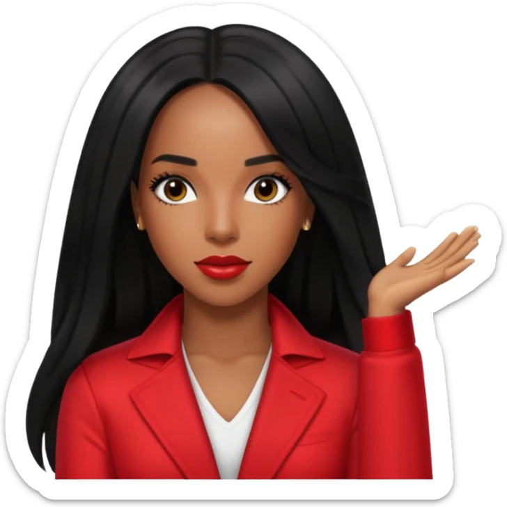 Kelly Rowland from Destiny's Child with long jet black hair, red outfit sticker