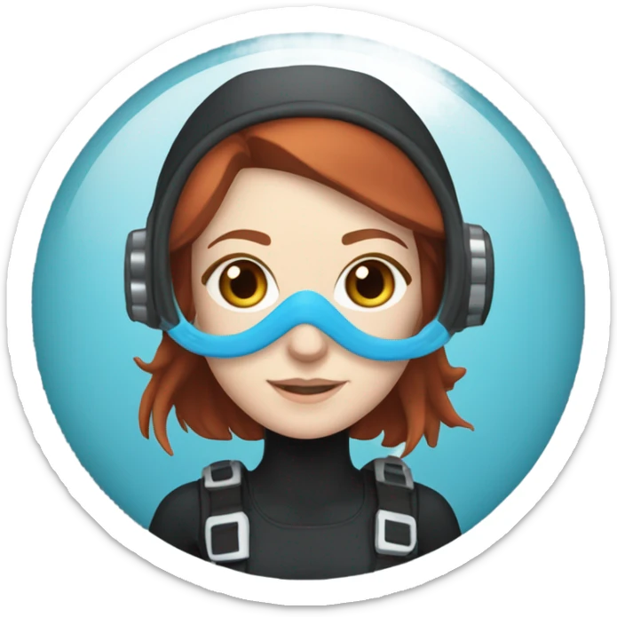 A young woman with red/ brown hair, blue eyes and pale skin in scuba diving gear with a light blue mask  sticker