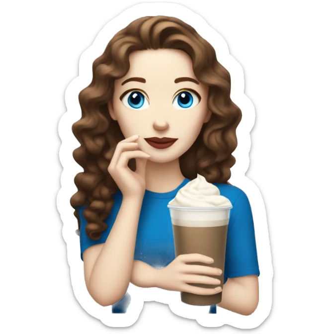 Pale skin women with brown wavy hair and blue eyes drinking ice latte  sticker