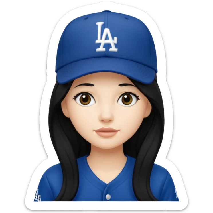Can you make an emoji of a girl with fair skin with black long hair wearing an LA dodger hat. Only include her head not body  sticker