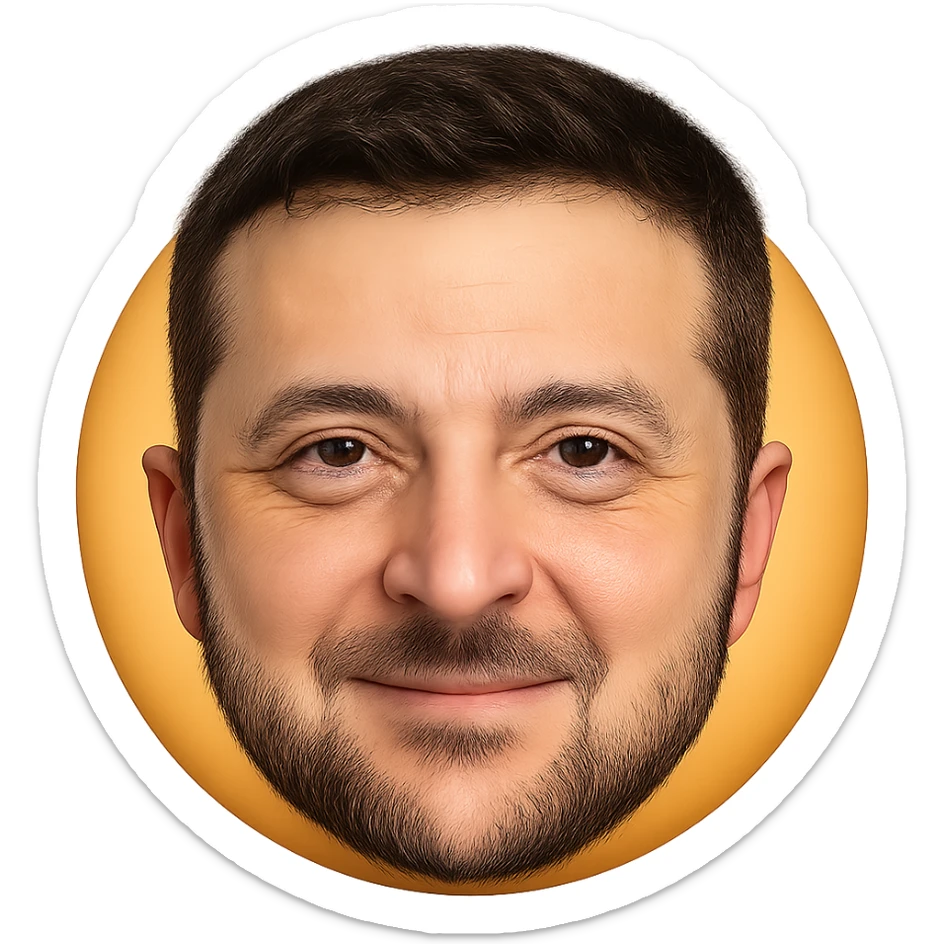 portrait of Vladimir Zelensky as a round face emoji with highly detailed and accurate facial features, realistic hair and beard, expressive eyes, friendly expression, high quality sticker