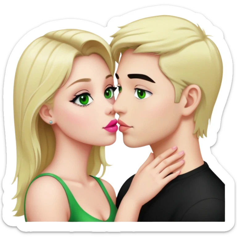 A blonde girl with fair skin and green eyes and pink lips and a guy with fair skin and black hair and green eyes are kissing sticker