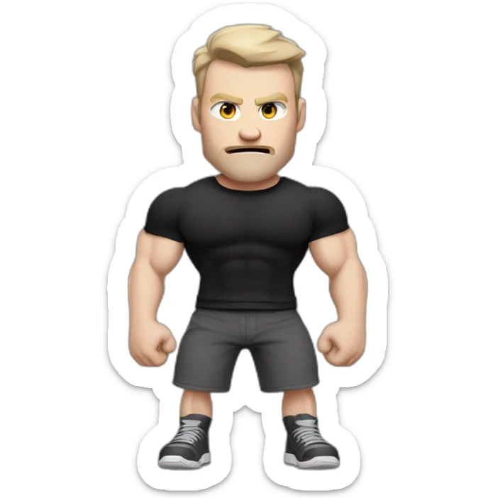 Angry Pale skinned Fit Man With the biceps and dark brown hair in black shirt, gray sports shorts and white Sneakers sticker