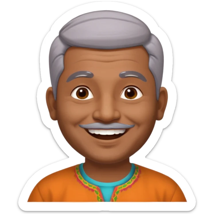 50 yr old indian man, dark skin, grey hair, big smile, white teeth, chubby, no moustache, clean shaven, young style hair, bindy, hair brushed back, stubble sticker