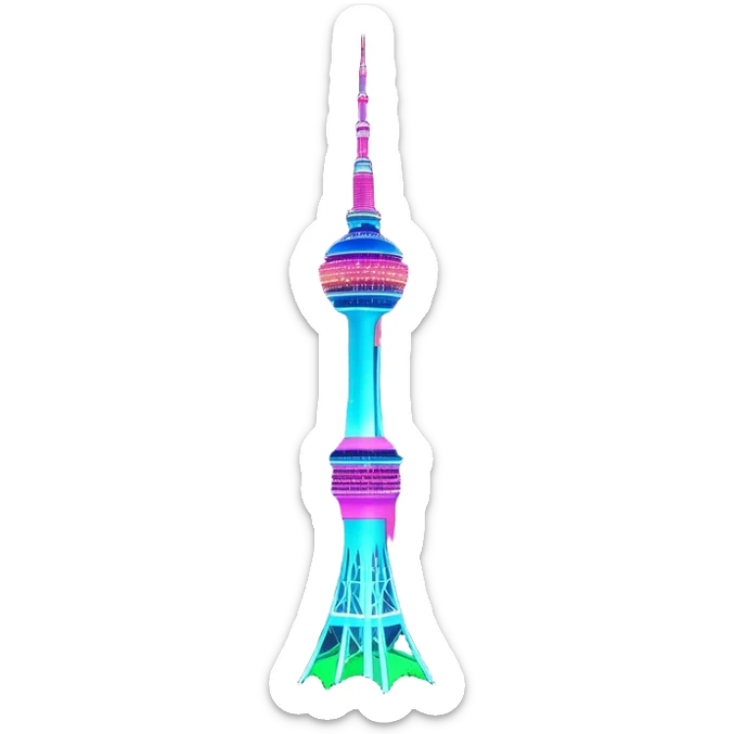N Seoul Tower – Cinematic Realistic N Seoul Tower, depicted as a sleek modern tower illuminated against a vibrant cityscape at night, with reflective glass and dynamic neon lighting, rendered with intricate architectural detail and a futuristic urban glow. sticker