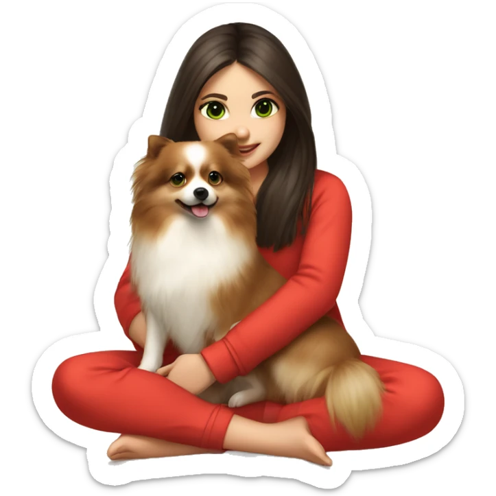 light-skinned-girl-with-dark-long-brown-hair-and-green-eyes-in-red-pajamas-petting-pomeranian sticker