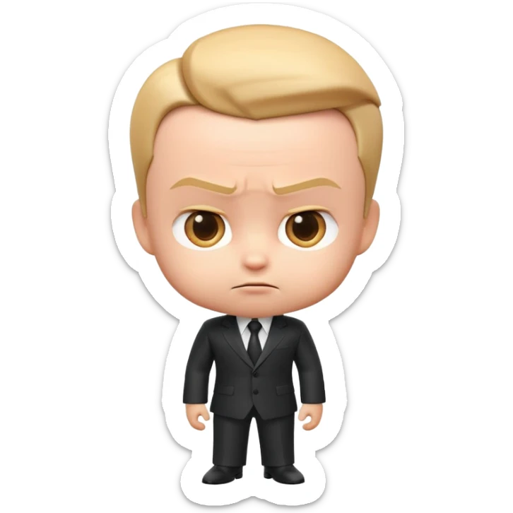 "Create a 3D emoji of Big Boss Baby with his sharp suit, slicked-back hair, and a confident, serious expression. Make it vibrant and playful, capturing his business-savvy attitude in a fun, exaggerated way!" sticker