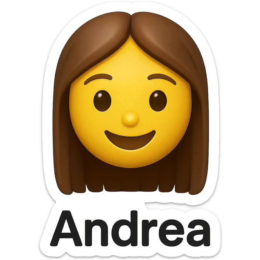 3D smiley emoji, girl style, long hair, smiling face, with the name 'Andrea' below in printed letters sticker