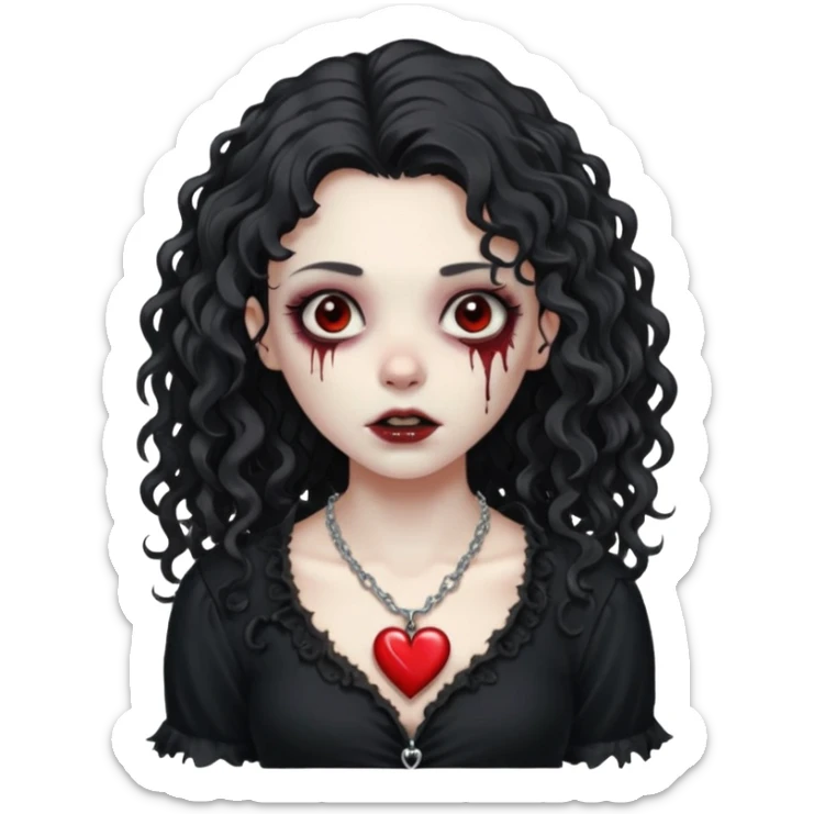 a zombie girl with a scar on her face, long curly hair, wearing a black blouse and a silver necklace with a heart pendant. sticker