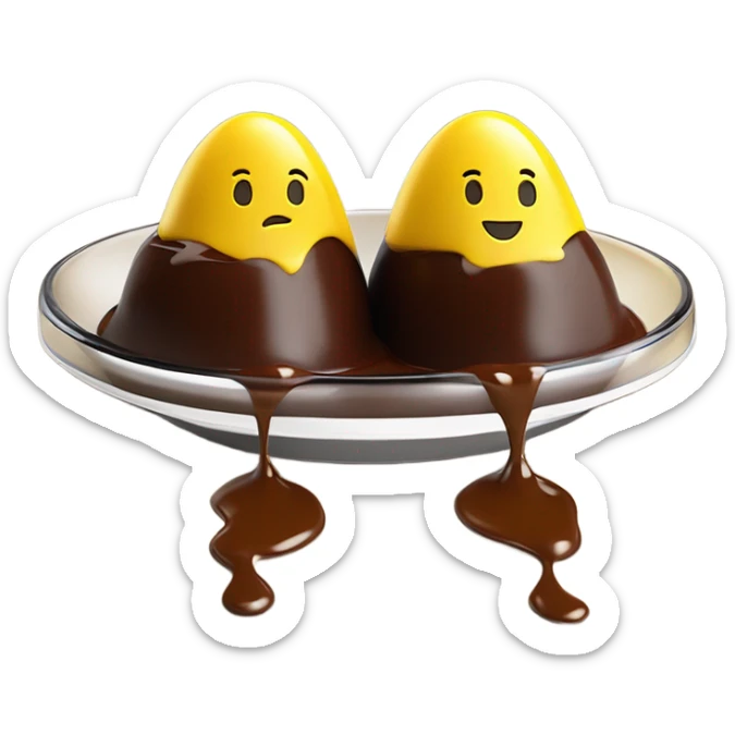 1 Chocolate quenelle and 1 vanilla quenelle on ornated glass plate with 3 small drops of yellow sauce sticker