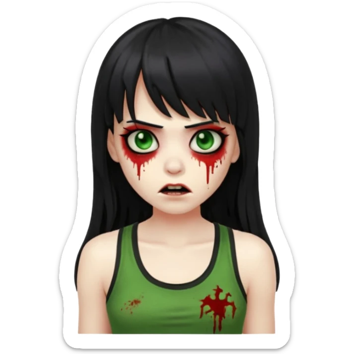 Zombie emoji with long hair black and bangs, with green skin, big red eyes, small nose, and a simple black tank top.  sticker