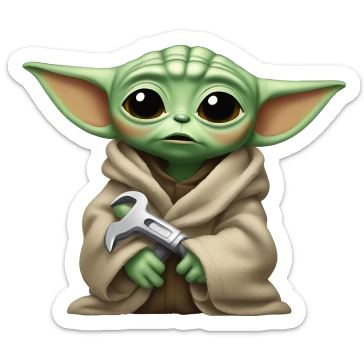 Baby Yoda  with a wrench and tired expression. tired from long repair, wipes the sweat off his face. sticker