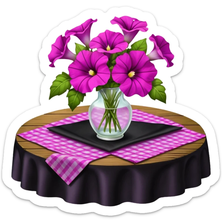 A lush bouquet of bright light margenta color petunia black satin ribbon, resting on an antique wooden table, with a pale yellow and pink plaid pattern table cloth sticker