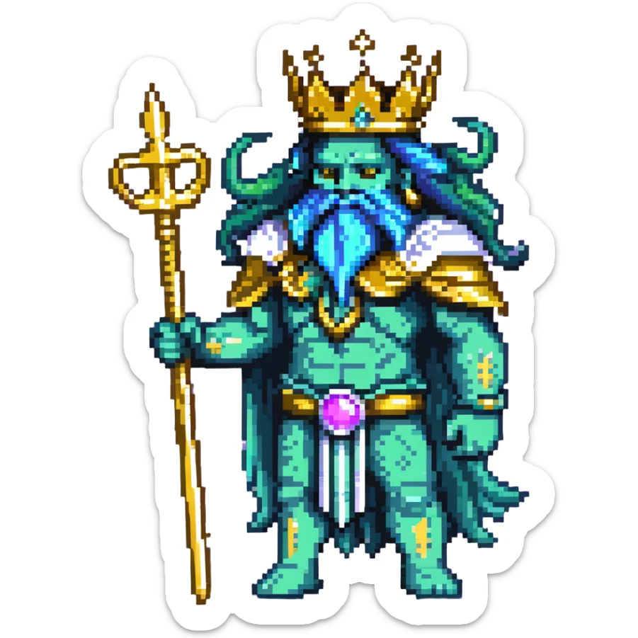 Neptune god of the sea wielding golden trident, blue-green skin, wearing crown sticker