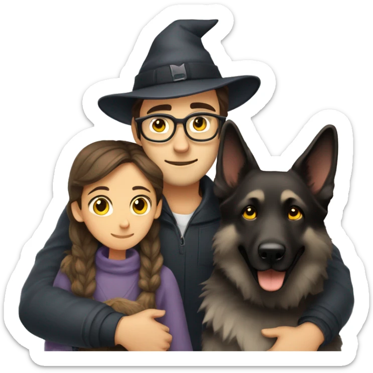 a man with brown hair and cozy hat, with grey eyes and black glasses hugging grey german shepherd dog witch has yellow eyes sticker