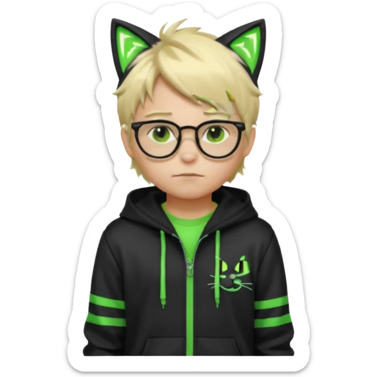 Light blond, slightly messy hair
Black glasses
A black hoodie with cat ears
Neon green details on the jacket and pants (glowing lines and stripes)
An overall hacker / cyberpunk style look
A neutral facial expression (boy )eyes brown) the hood with ears BROWN EYE BROWN EYE sticker