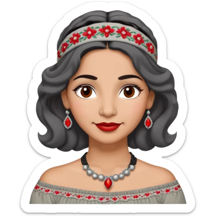 Latina woman, 50s, warm light brown skin, round soft face, wavy black and gray hair, red and white headband, medium eyes, thin eyebrows, gentle smile, gray peasant blouse, decorative embroidery, bare shoulders, large dark necklace sticker
