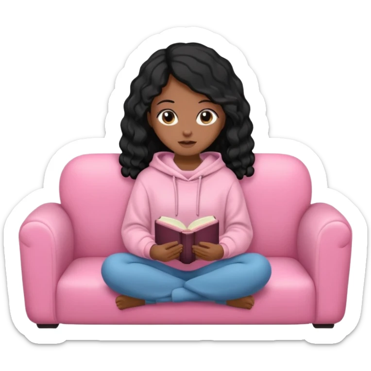 Una chica linda de cabello negro con ondas hasta los hombros de piel blanca con una sudadera rosa en un sofá cómodo y hermoso leyendo la biblia sticker