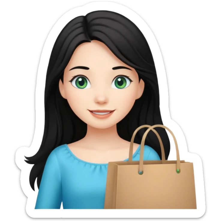 zadowlona czarnowłosa ksiezniczka z dlugimi wlosami i ma niebiesko zielone oczka jest zadowolona z zakupami sticker