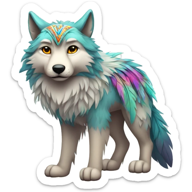 Fluffy Shy Colorful Spiritual Wolf With Shiny Tribal Markings wearing feathers Full Body sticker