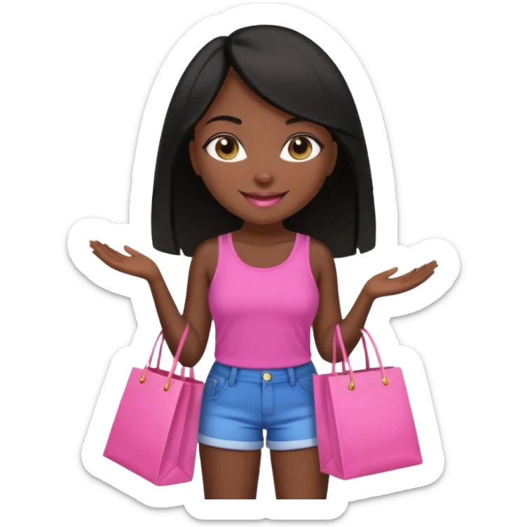 Uma menina morena cabelo liso preto olhos puxados fazendo compra com sacolas rosas  com top e short  sticker