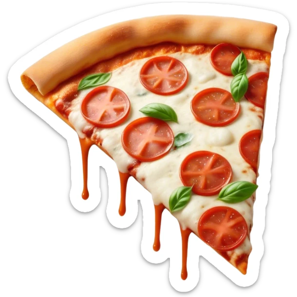 Pizza Napoletana Cinematic Realistic Pizza Napoletana Dish Emoji, depicted as a delicious slice of Neapolitan pizza with a thin, crispy crust, fresh tomato sauce, mozzarella, and basil, rendered with mouth-watering textures and vibrant, warm lighting. sticker