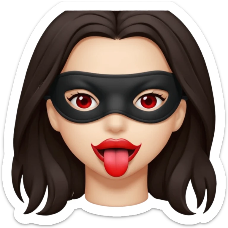 woman with dark brown hair wearing black blind fold completely covering her eyes. tongue out sticker