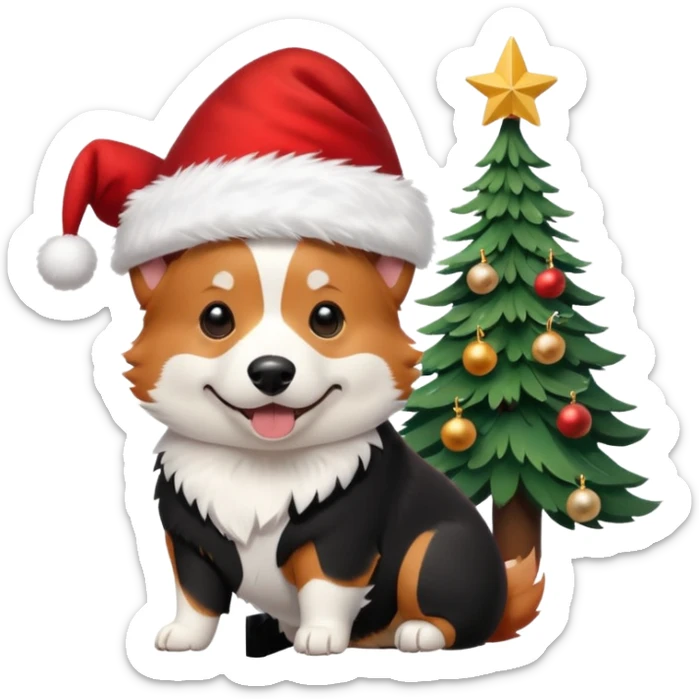 tricolor (black and red head) corgi with santa hat on and christmas tree near sticker