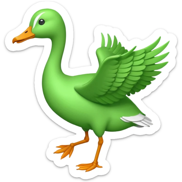 Emoji of a running goose with a very long neck and two legs. Use 🪿 shape but color it bright green (#39C700). The wings must be pressed tightly against the body, fully folded with no gap or spread. Do NOT show wings flapping or extended sticker