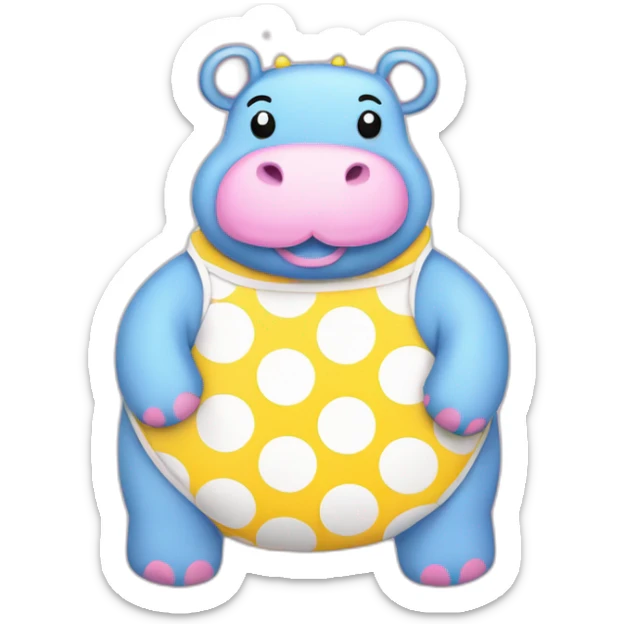 Pink cute hippo with yellow ears, yellow belly, belly pouch in blue with white polka dots sticker