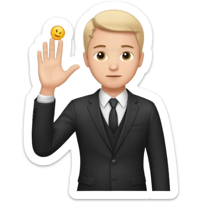 white man in formal suit in thought, holding something in the palm of his hand sticker