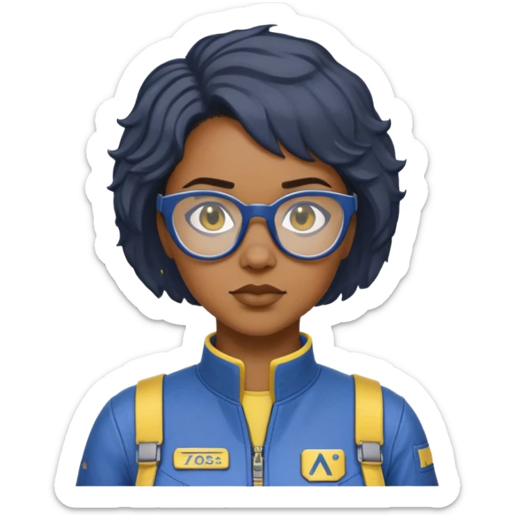 stern Black woman with short textured hair, glasses, wearing blue Fallout Vault jumpsuit with yellow trim and number on back, minimalist sticker