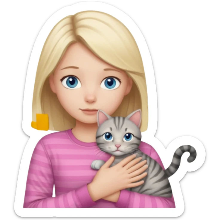 Blonde girl with blue eyes in pink shirt cuddling with grey tabby cat with dark grey stripes sticker